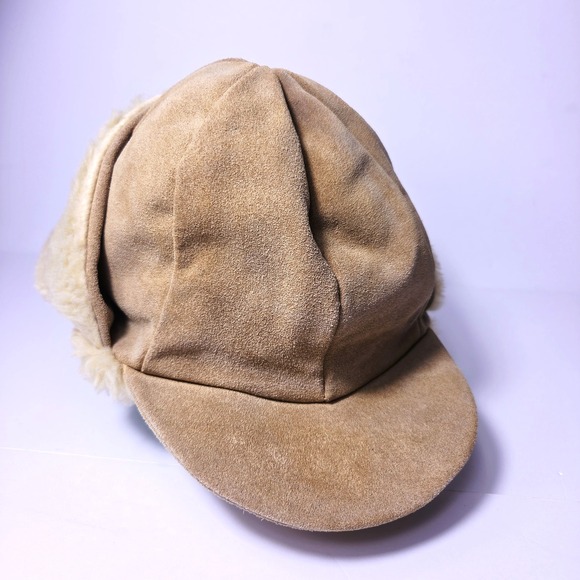 Other - Vintage Suede Trapper Hat Mens Tan Leather Aviator Ear Flap Cap Portugal Fur